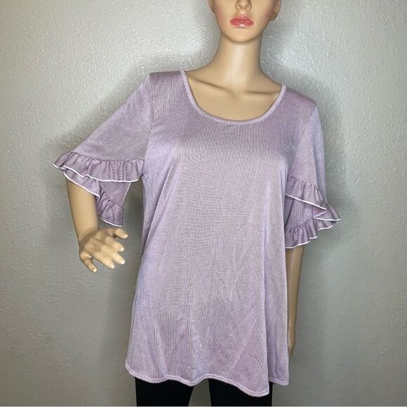Star Vixen Short Ruffled Sleeve Striped Blouse Mauve and Light Pink Size 1X - Picture 2 of 10
